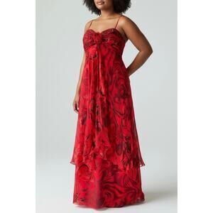 Vintage Y2K Rosette Babydoll Formal Gown US 12 Red Layered Maxi Dress